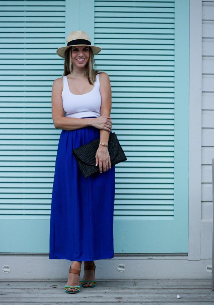 blue maxi skirt boater hat white tank beaded sandals