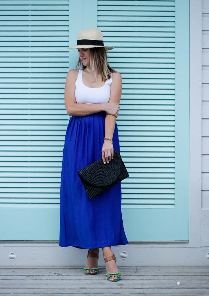 blue maxi skirt boater hat white tank beaded sandals