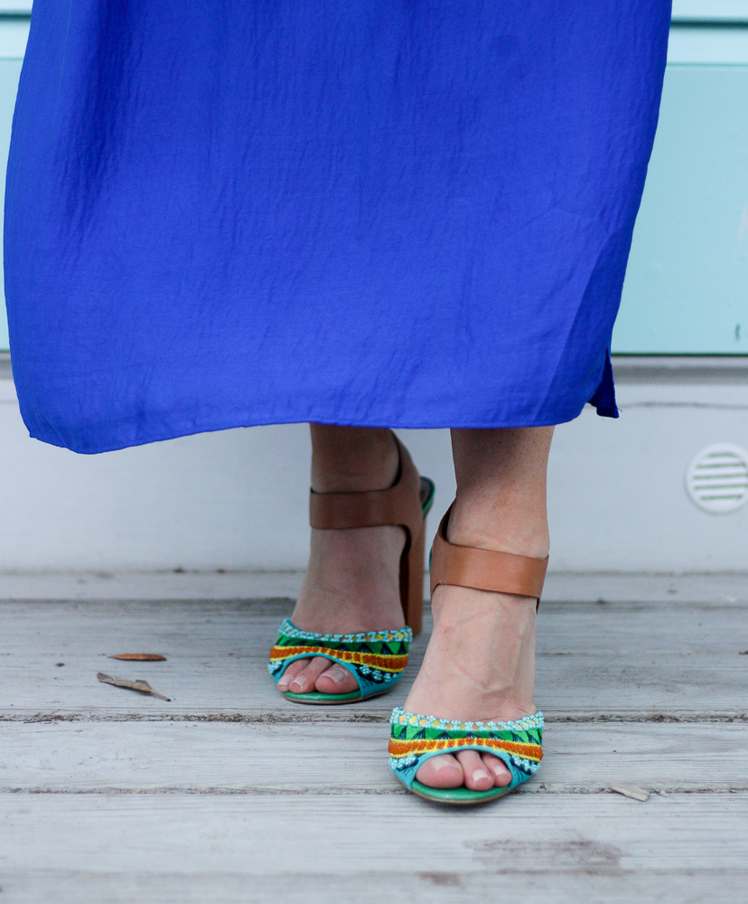 blue maxi skirt boater hat white tank beaded sandals