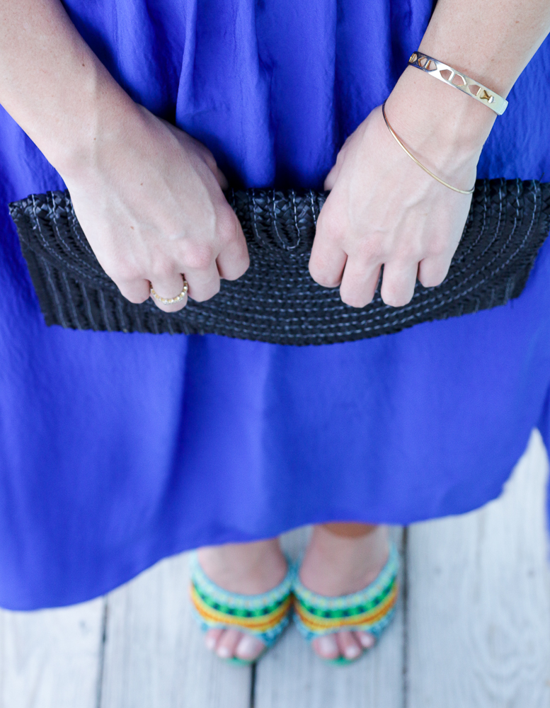 blue maxi skirt boater hat white tank beaded sandals