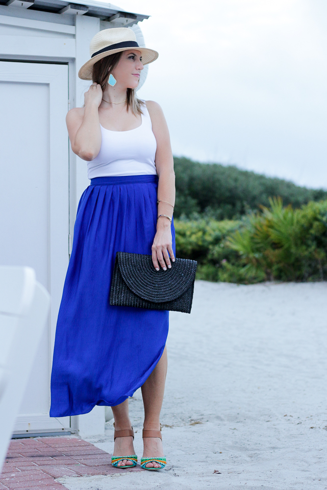 blue maxi skirt boater hat white tank beaded sandals