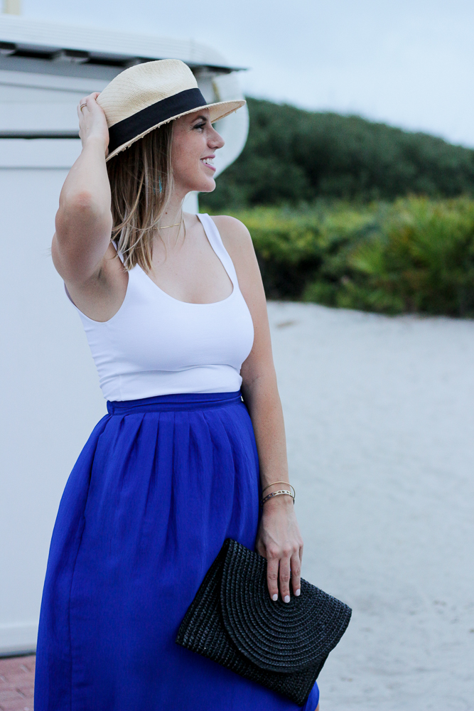 blue maxi skirt boater hat white tank beaded sandals