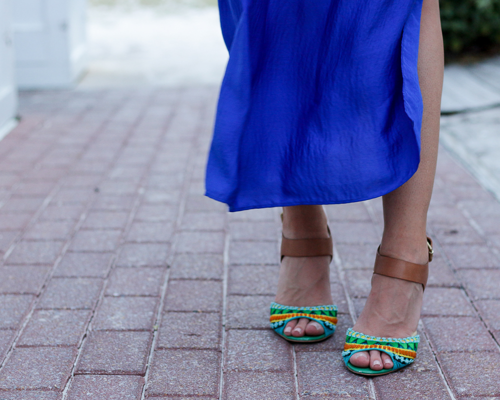 blue maxi skirt boater hat white tank beaded sandals