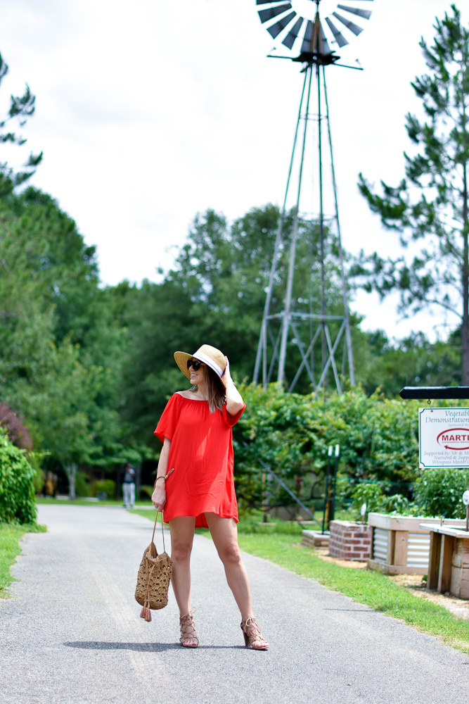 red off the shoulder dress