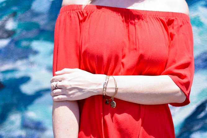 alex and ani bracelet and red off the shoulder dress-2