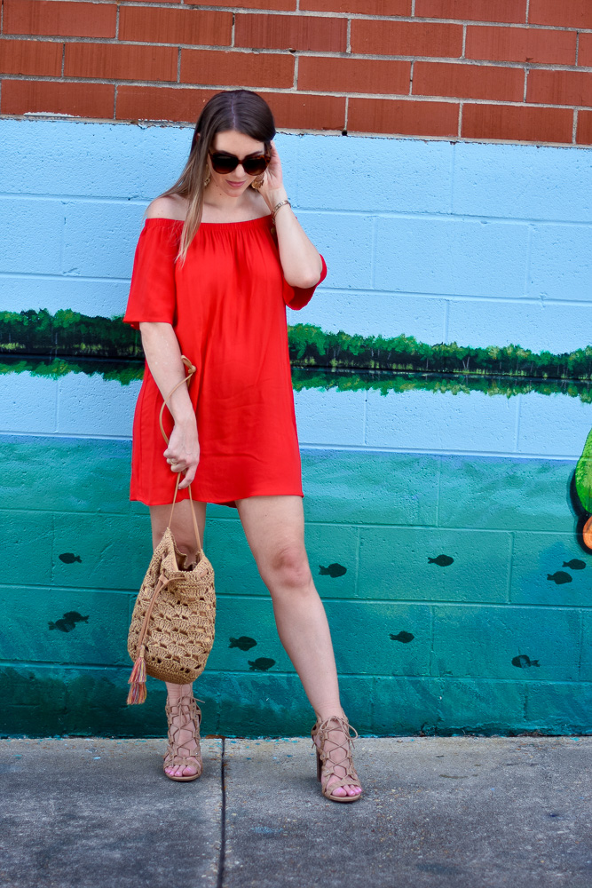 red off the shoulder dress