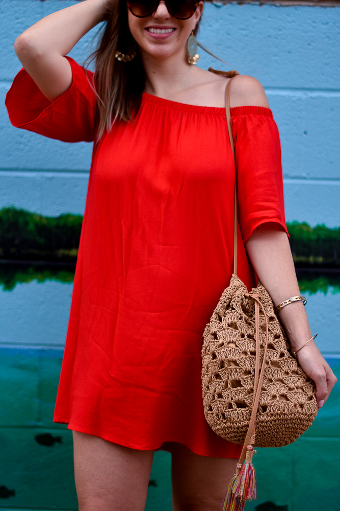 red off the shoulder dress