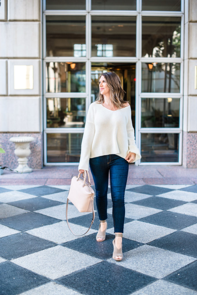 Topshop Lattice Back White Ivory Bell Sleeve Sweater Rag and Bone High Waist Jeans Tory Burch Frieda Satchel