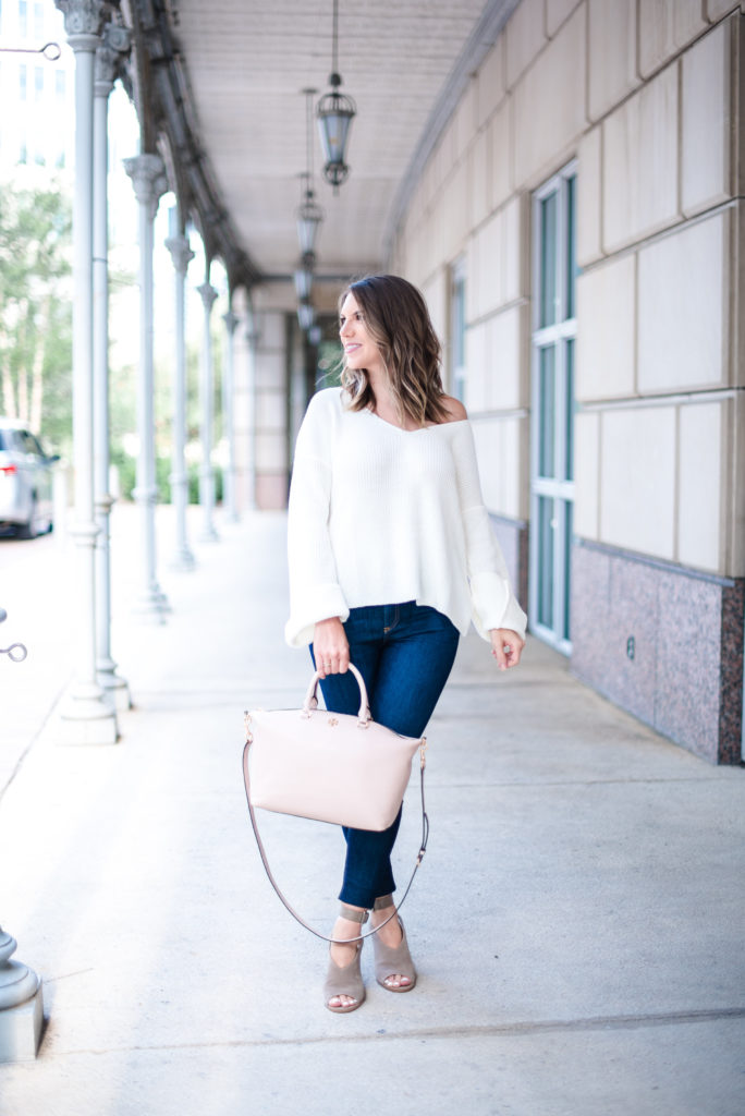 Topshop Lattice Back White Ivory Bell Sleeve Sweater Rag and Bone High Waist Jeans Tory Burch Frieda Satchel