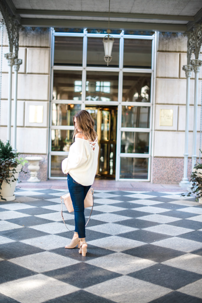 Topshop Lattice Back White Ivory Bell Sleeve Sweater Rag and Bone High Waist Jeans Tory Burch Frieda Satchel