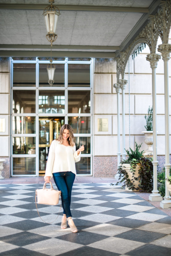 Topshop Lattice Back White Ivory Bell Sleeve Sweater Rag and Bone High Waist Jeans Tory Burch Frieda Satchel