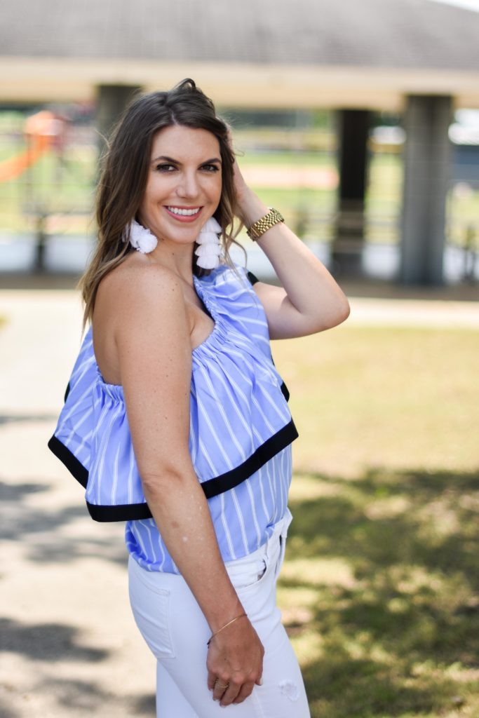 Blue white striped one shoulder ruffle top