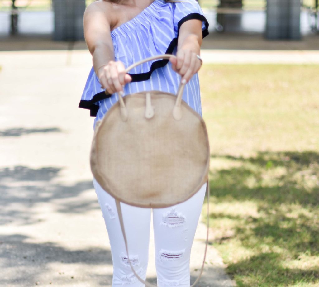 Blue white striped one shoulder ruffle top