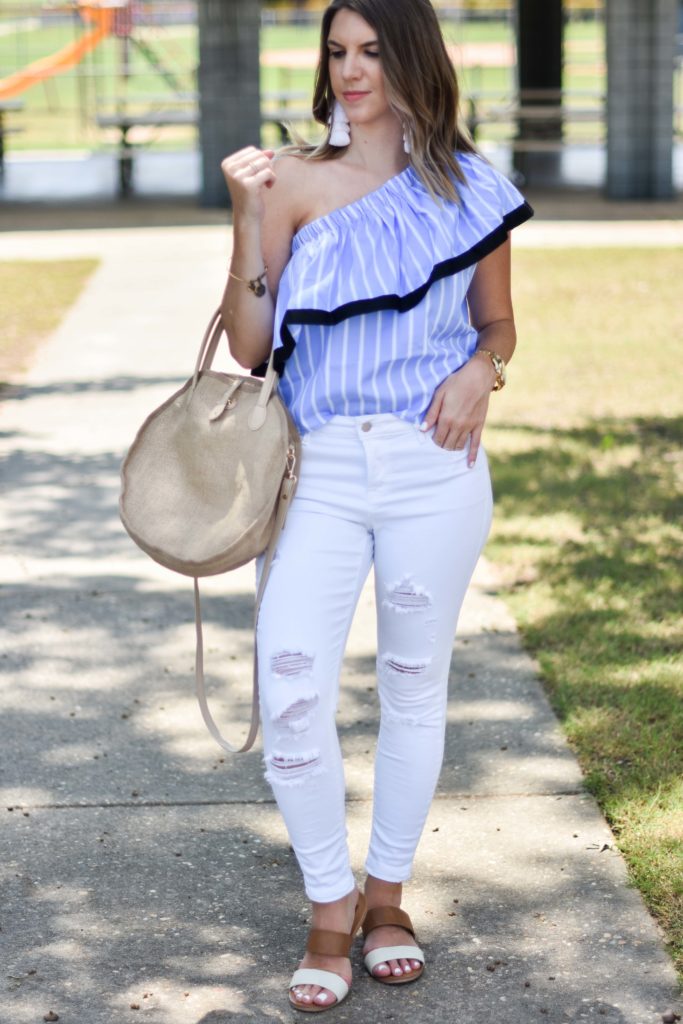 Blue white striped one shoulder ruffle top