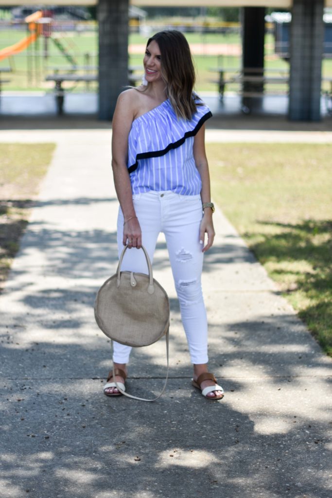 Blue white striped one shoulder ruffle top