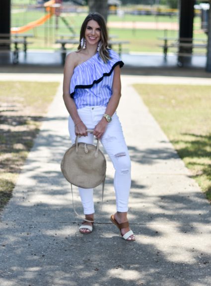 One-Shoulder Blue and White Striped Top & White Distressed Jeans