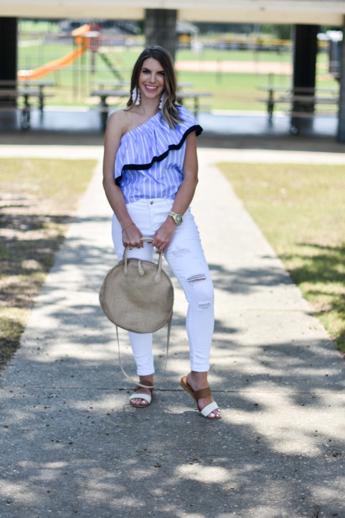 Blue white striped one shoulder ruffle top