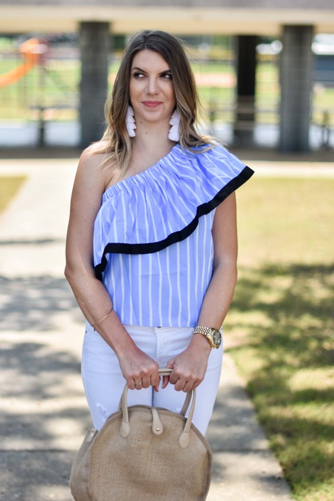 Blue white striped one shoulder ruffle top