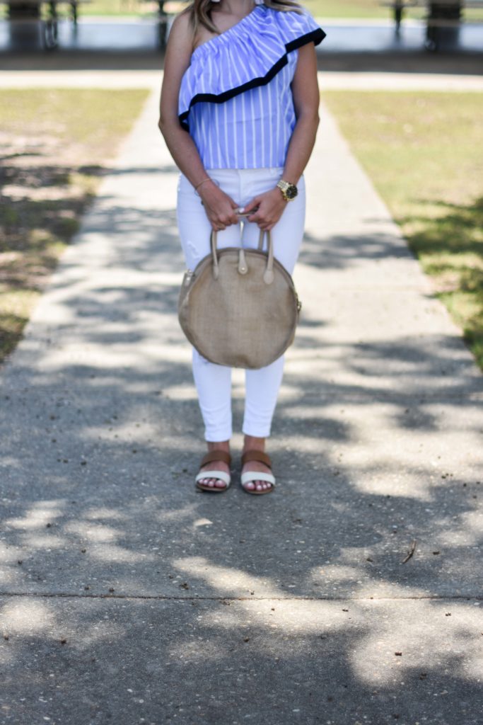 Blue white striped one shoulder ruffle top