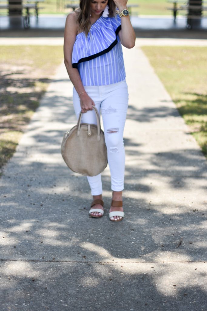 Blue white striped one shoulder ruffle top