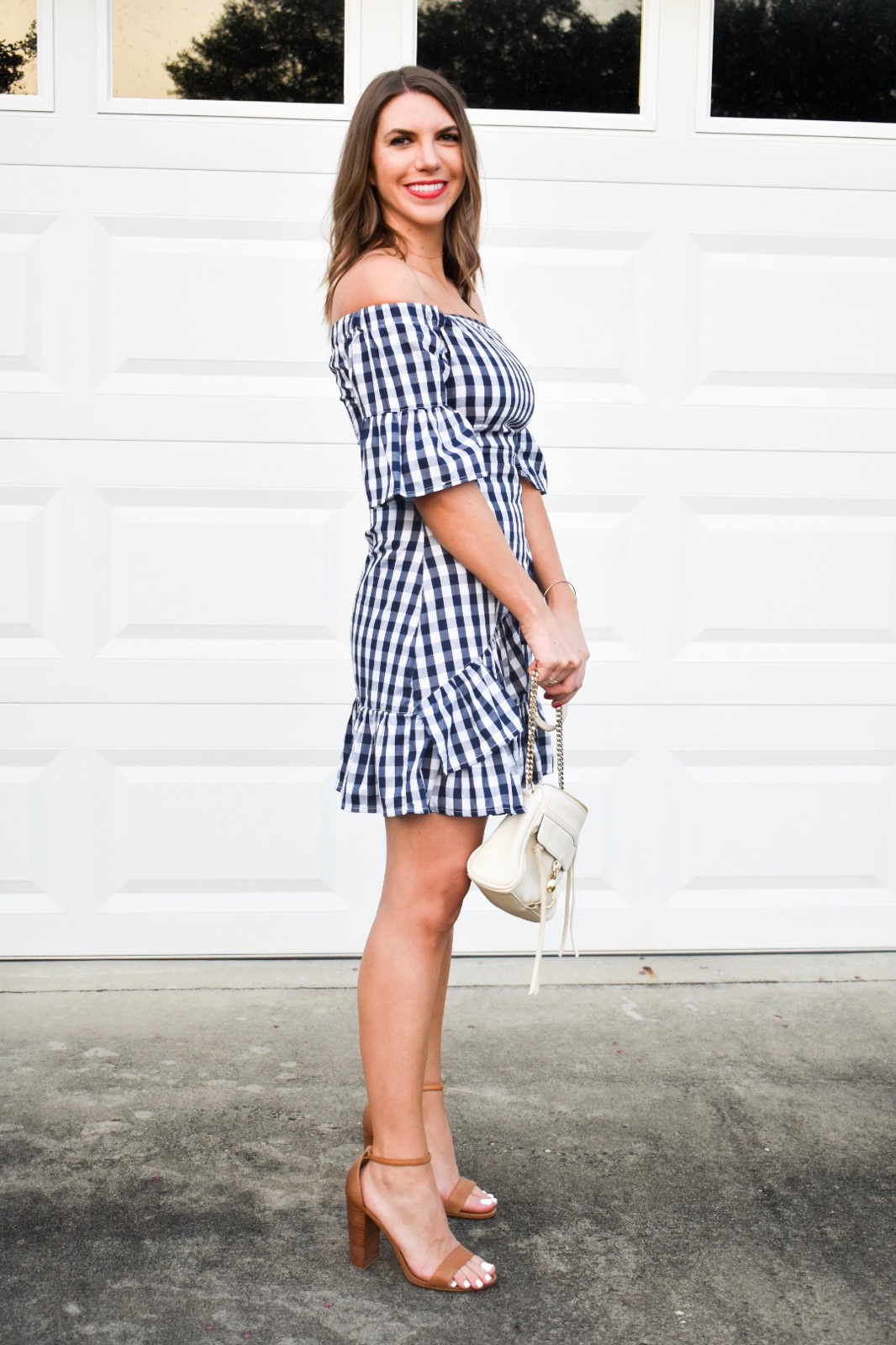 Gingham ruffles off the shoulder summer dress bell sleeves