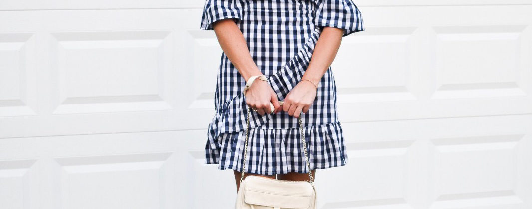 gingham ruffle off the shoulder bell sleeve dress