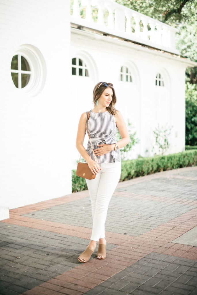 Striped shein bow top with white jeans