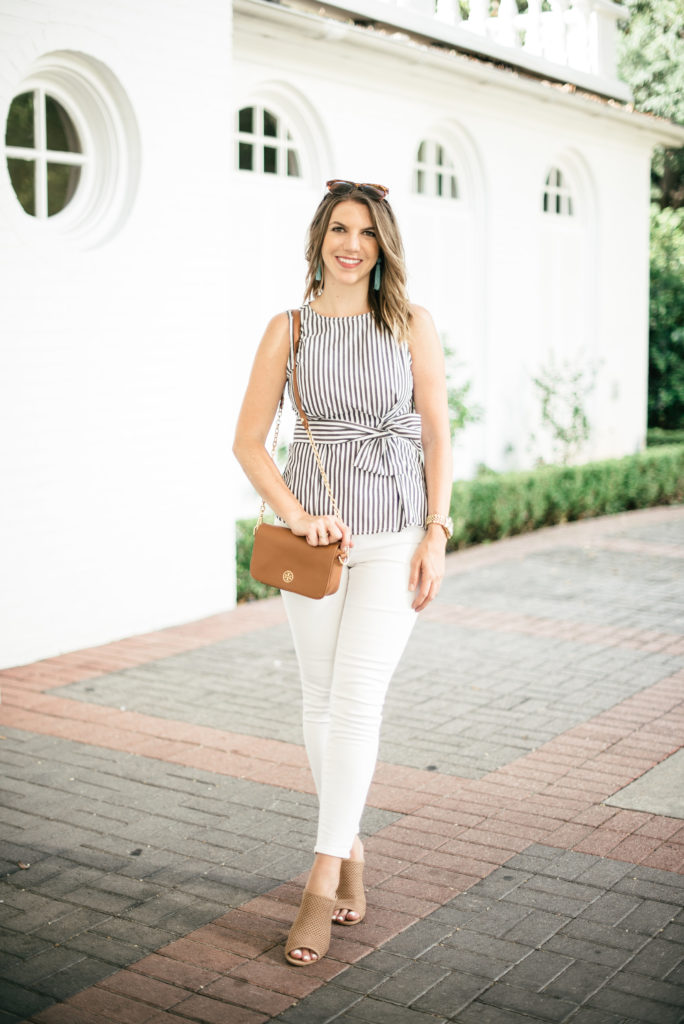 Striped shein bow top with white jeans