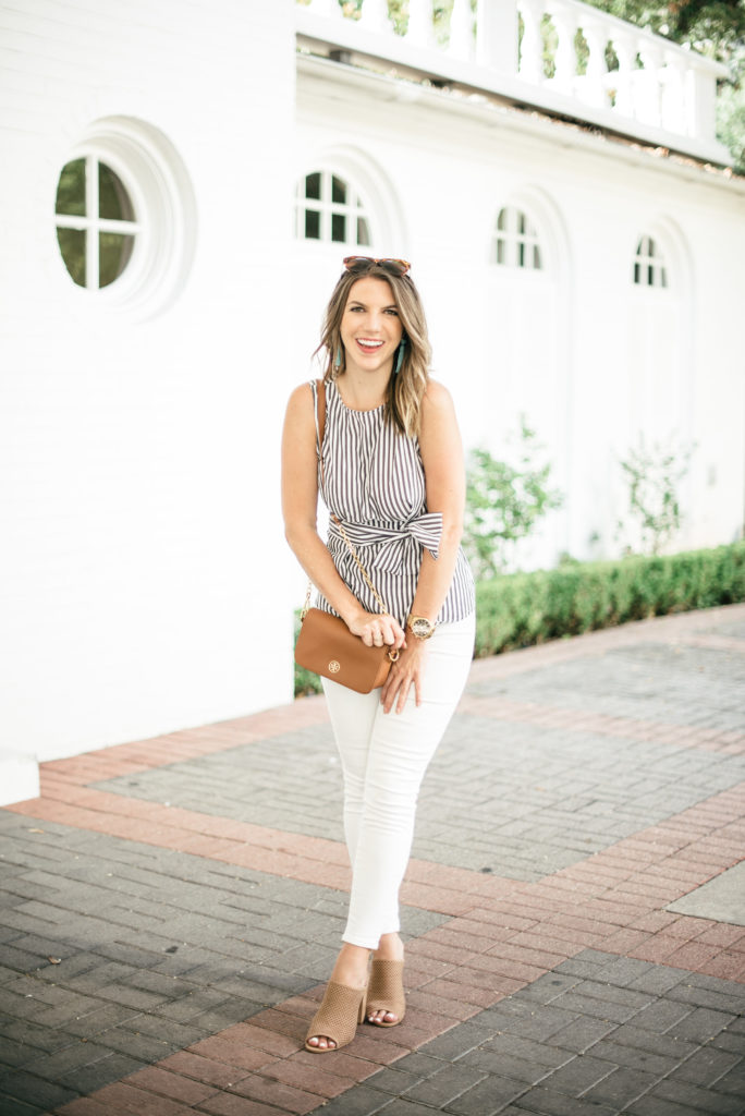 Striped shein bow top with white jeans