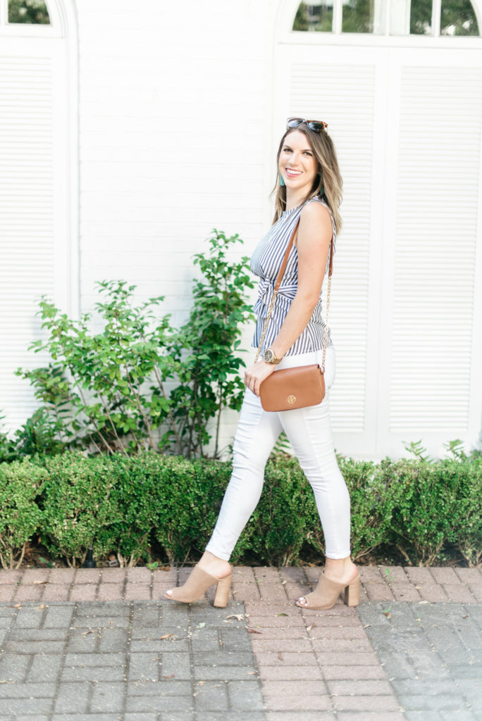 Striped shein bow top with white jeans