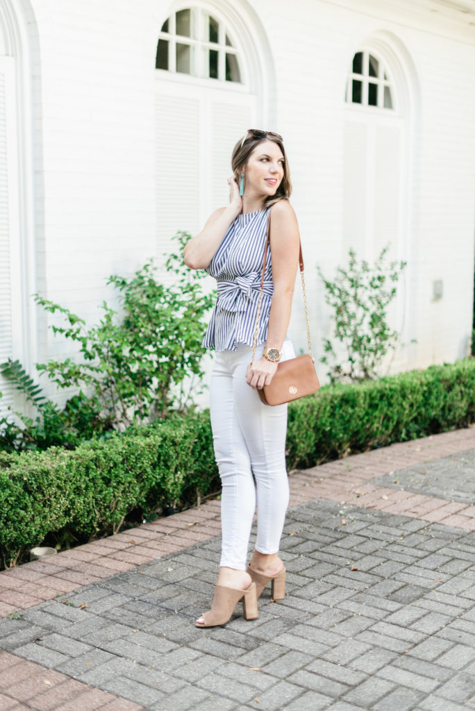 Striped shein bow top with white jeans