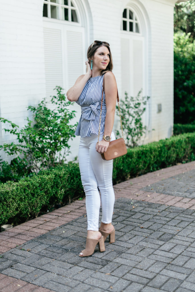 Striped shein bow top with white jeans