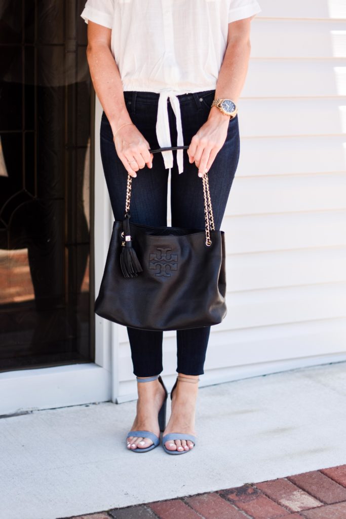 white tie up top ag jeans tory burch bag