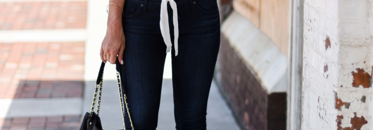 white tie up top ag jeans tory burch bag