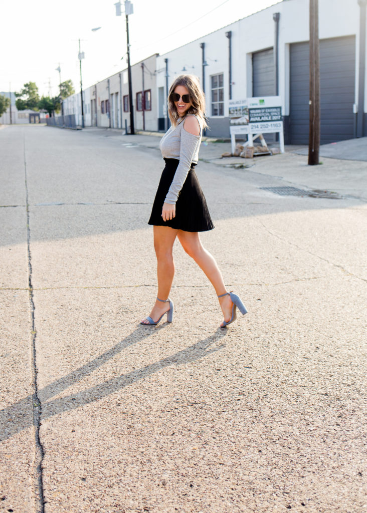 Gray Cold Shoulder Top and Black Pleated Skirt-16