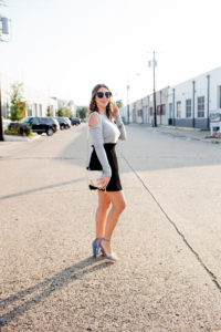 Gray Cold Shoulder Top and Black Pleated Skirt-16