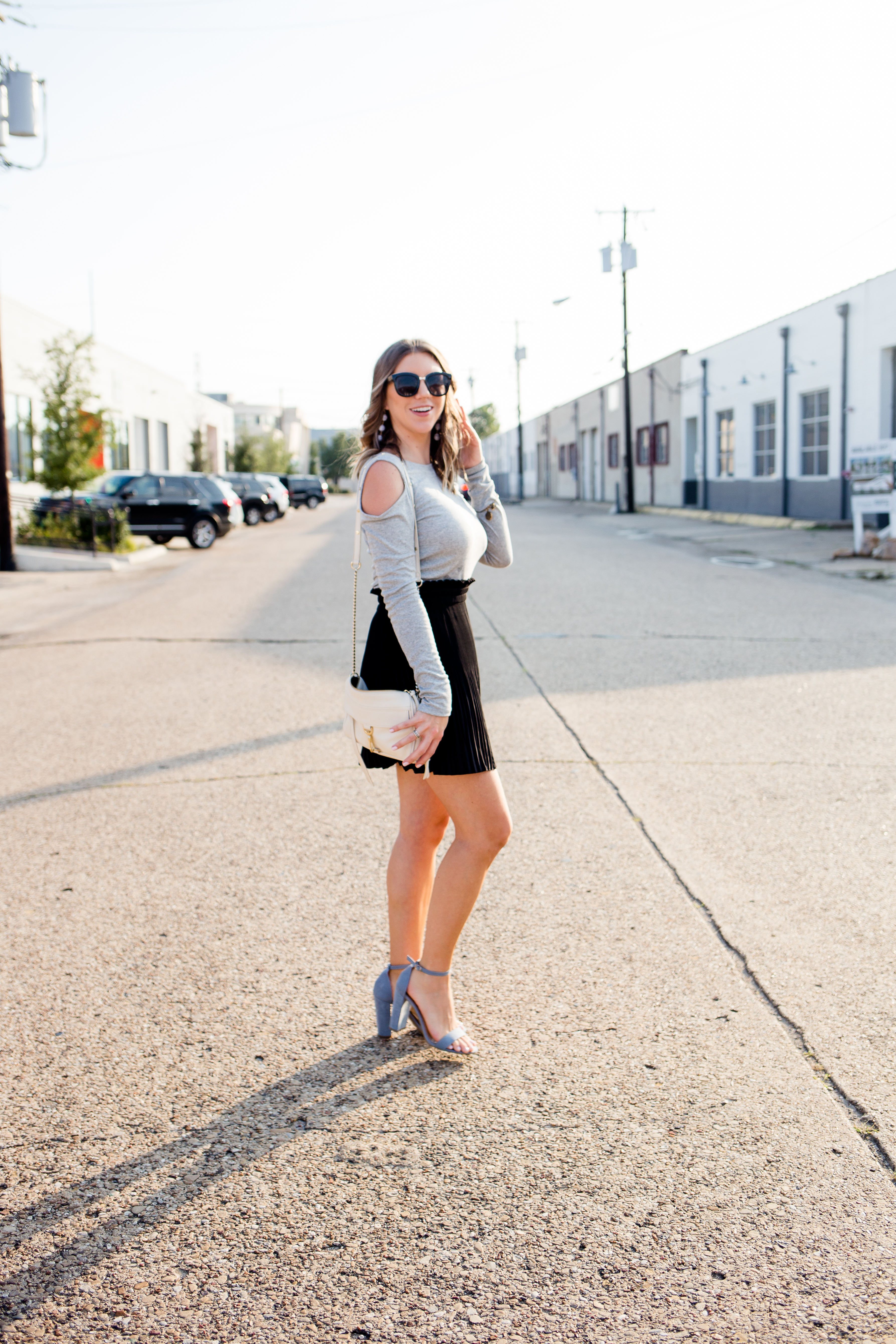 Gray Cold Shoulder Top and Black Pleated Skirt-16