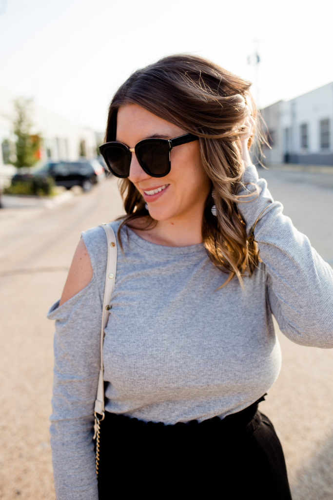 Gray Cold Shoulder Top and Black Pleated Skirt-16