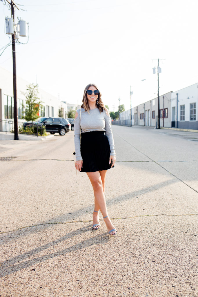 Gray Cold Shoulder Top and Black Pleated Skirt-16