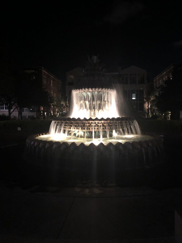 Pineapple Fountain at night Charleston